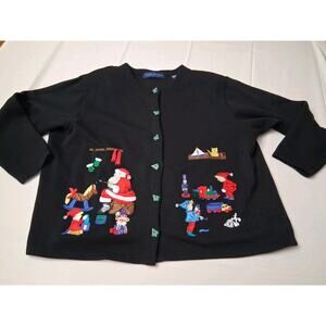 Karen Scott 1x Black Christmas Embroidered Embellished Tree Buttons Cardigan